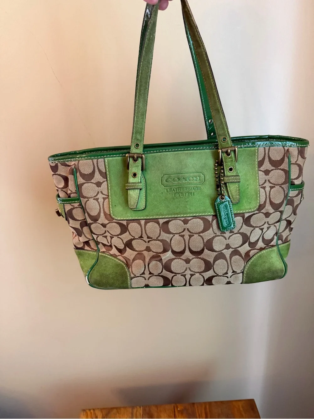 Coach Signature Jacquard Suede Patent Leather Y2K Turn Lock Tote Bag Thrashed